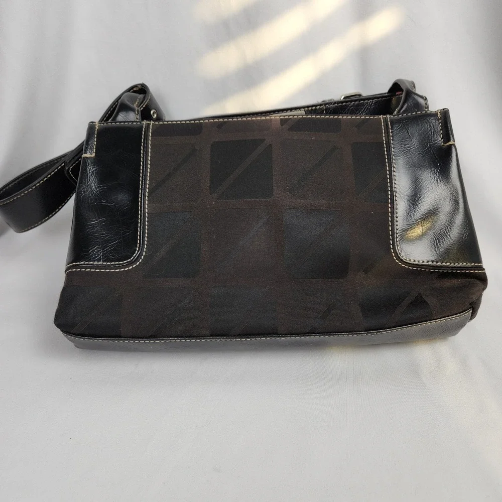 NINE & CO Black & Dark Brown Shoulderbag Print Cotton Faux Leather‎ tote buckle